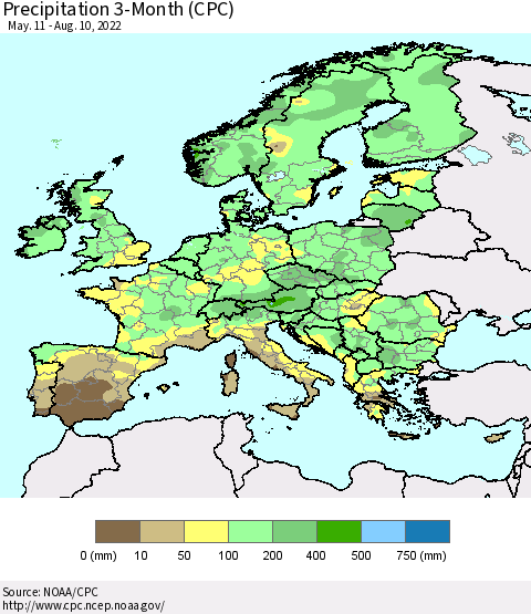 Europe Precipitation 3-Month (CPC) Thematic Map For 5/11/2022 - 8/10/2022