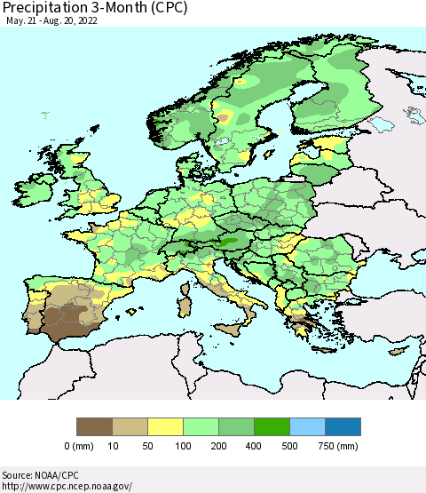 Europe Precipitation 3-Month (CPC) Thematic Map For 5/21/2022 - 8/20/2022