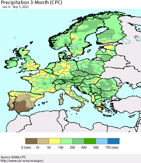 Europe Precipitation 3-Month (CPC) Thematic Map For 6/6/2022 - 9/5/2022