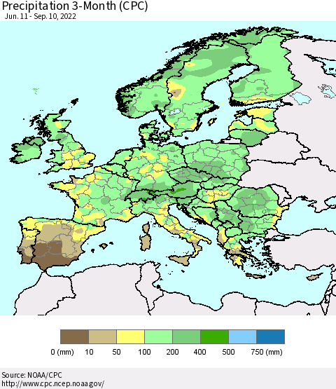 Europe Precipitation 3-Month (CPC) Thematic Map For 6/11/2022 - 9/10/2022