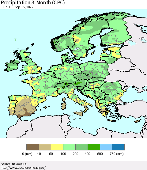 Europe Precipitation 3-Month (CPC) Thematic Map For 6/16/2022 - 9/15/2022