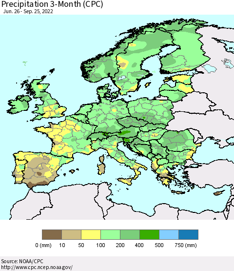 Europe Precipitation 3-Month (CPC) Thematic Map For 6/26/2022 - 9/25/2022