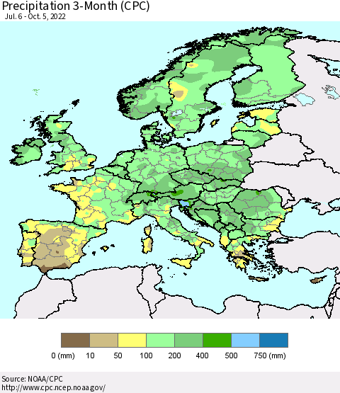 Europe Precipitation 3-Month (CPC) Thematic Map For 7/6/2022 - 10/5/2022