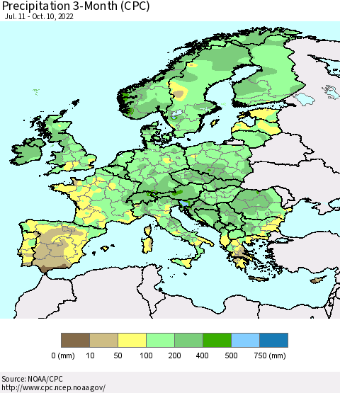 Europe Precipitation 3-Month (CPC) Thematic Map For 7/11/2022 - 10/10/2022
