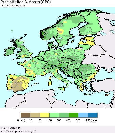 Europe Precipitation 3-Month (CPC) Thematic Map For 7/16/2022 - 10/15/2022