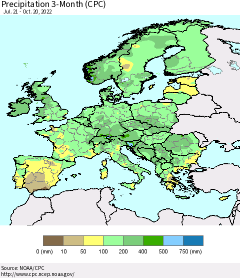 Europe Precipitation 3-Month (CPC) Thematic Map For 7/21/2022 - 10/20/2022