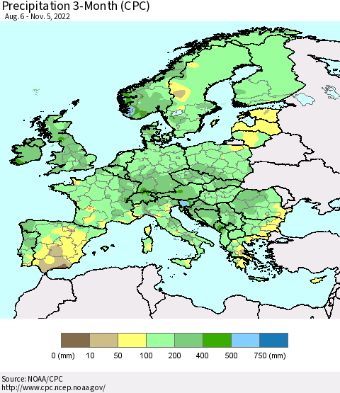 Europe Precipitation 3-Month (CPC) Thematic Map For 8/6/2022 - 11/5/2022