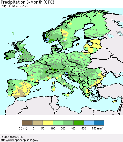 Europe Precipitation 3-Month (CPC) Thematic Map For 8/11/2022 - 11/10/2022