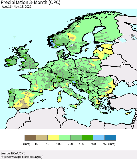 Europe Precipitation 3-Month (CPC) Thematic Map For 8/16/2022 - 11/15/2022