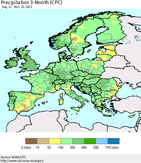 Europe Precipitation 3-Month (CPC) Thematic Map For 8/21/2022 - 11/20/2022