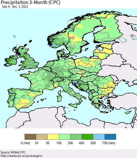Europe Precipitation 3-Month (CPC) Thematic Map For 9/6/2022 - 12/5/2022