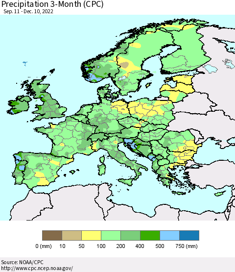 Europe Precipitation 3-Month (CPC) Thematic Map For 9/11/2022 - 12/10/2022