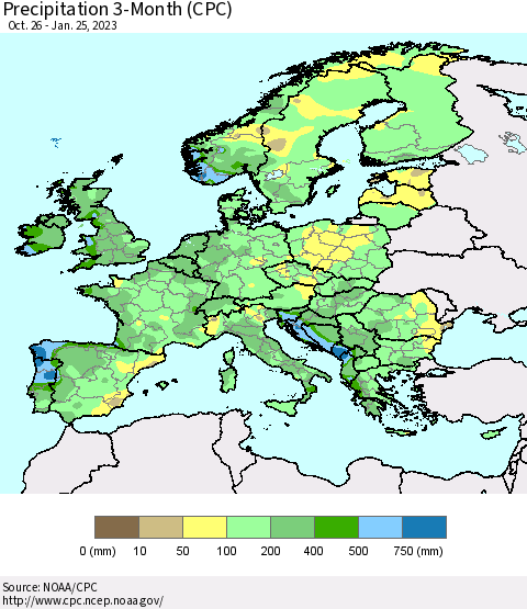Europe Precipitation 3-Month (CPC) Thematic Map For 10/26/2022 - 1/25/2023