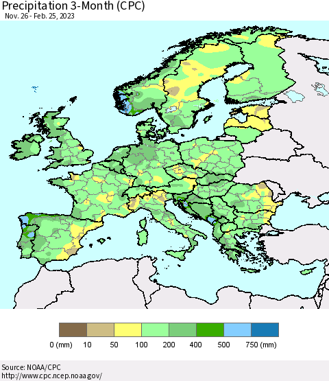 Europe Precipitation 3-Month (CPC) Thematic Map For 11/26/2022 - 2/25/2023