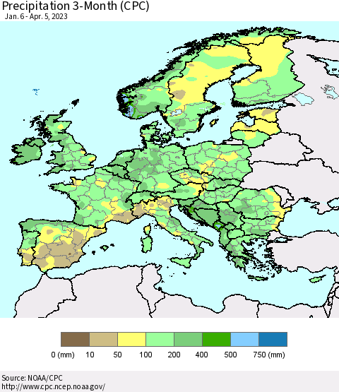 Europe Precipitation 3-Month (CPC) Thematic Map For 1/6/2023 - 4/5/2023