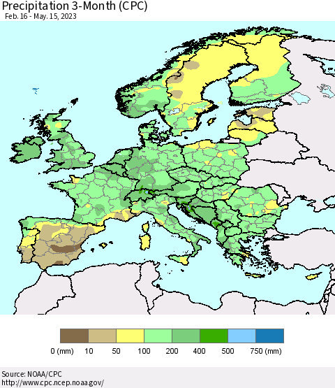 Europe Precipitation 3-Month (CPC) Thematic Map For 2/16/2023 - 5/15/2023