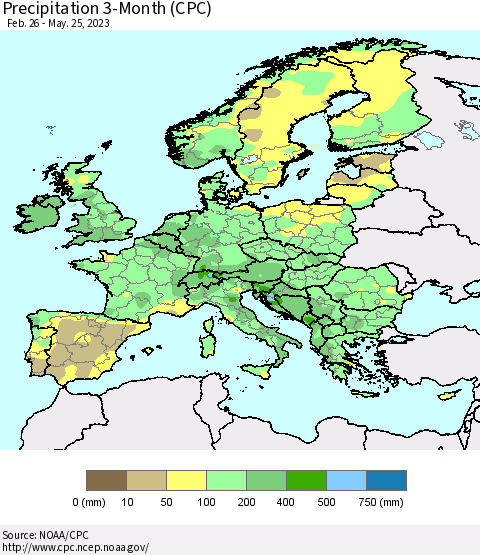 Europe Precipitation 3-Month (CPC) Thematic Map For 2/26/2023 - 5/25/2023