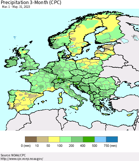 Europe Precipitation 3-Month (CPC) Thematic Map For 3/1/2023 - 5/31/2023