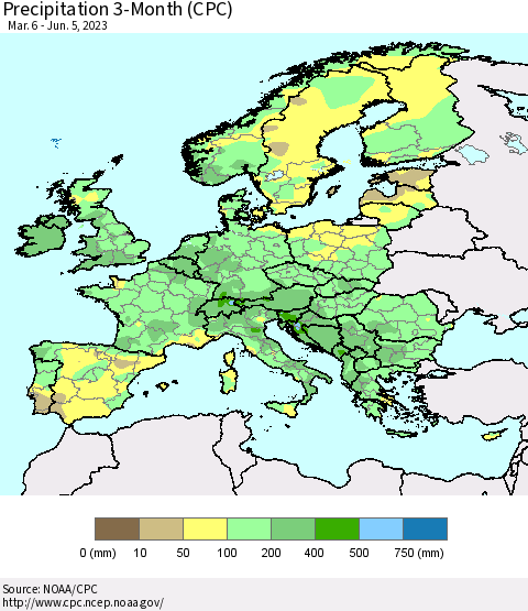 Europe Precipitation 3-Month (CPC) Thematic Map For 3/6/2023 - 6/5/2023