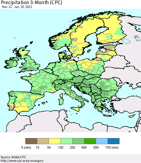 Europe Precipitation 3-Month (CPC) Thematic Map For 3/21/2023 - 6/20/2023