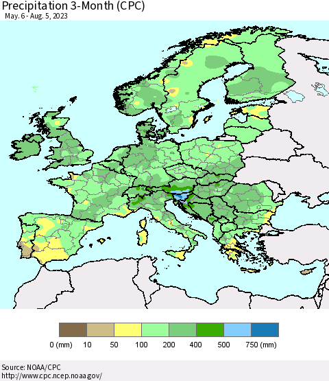 Europe Precipitation 3-Month (CPC) Thematic Map For 5/6/2023 - 8/5/2023