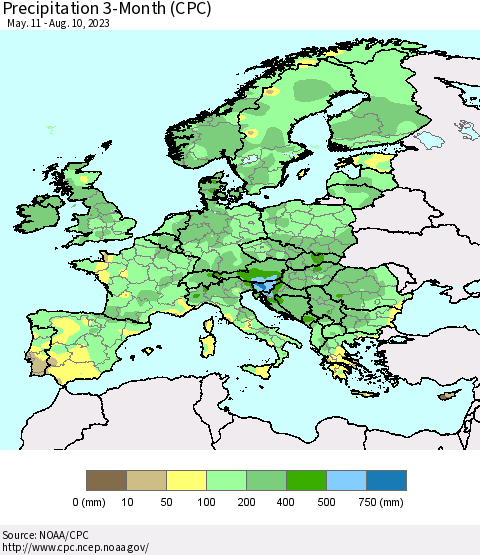 Europe Precipitation 3-Month (CPC) Thematic Map For 5/11/2023 - 8/10/2023