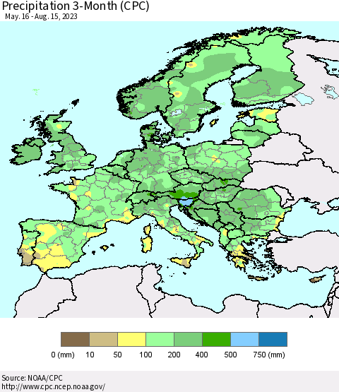 Europe Precipitation 3-Month (CPC) Thematic Map For 5/16/2023 - 8/15/2023