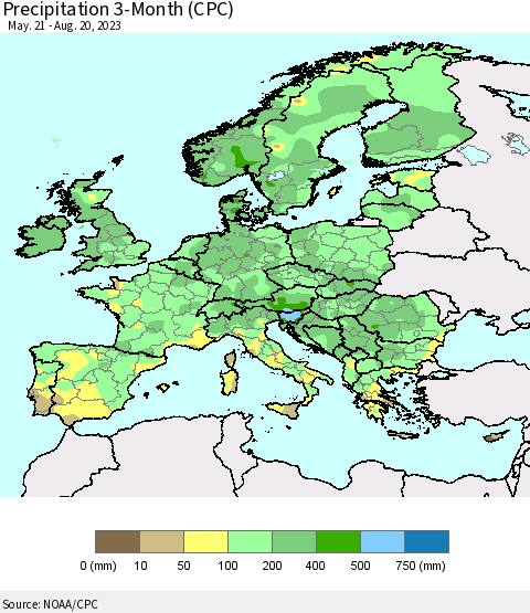 Europe Precipitation 3-Month (CPC) Thematic Map For 5/21/2023 - 8/20/2023