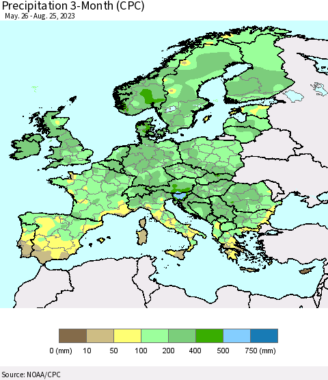 Europe Precipitation 3-Month (CPC) Thematic Map For 5/26/2023 - 8/25/2023