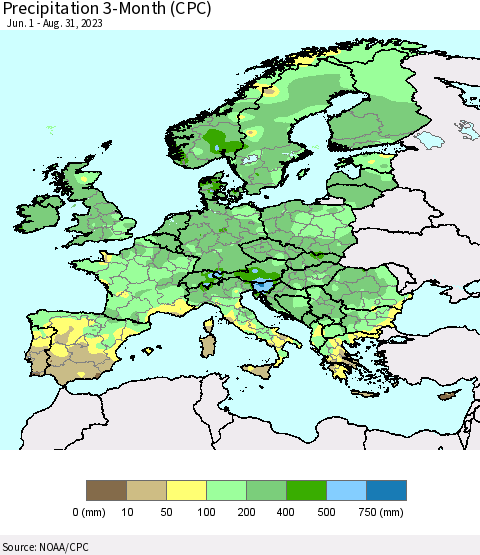 Europe Precipitation 3-Month (CPC) Thematic Map For 6/1/2023 - 8/31/2023
