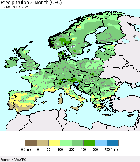 Europe Precipitation 3-Month (CPC) Thematic Map For 6/6/2023 - 9/5/2023