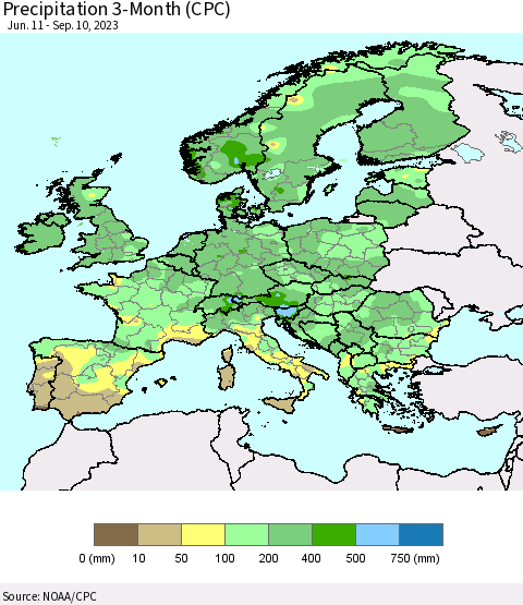 Europe Precipitation 3-Month (CPC) Thematic Map For 6/11/2023 - 9/10/2023
