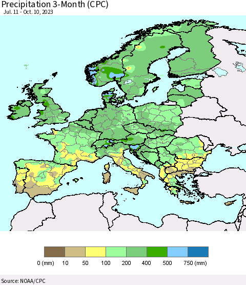 Europe Precipitation 3-Month (CPC) Thematic Map For 7/11/2023 - 10/10/2023