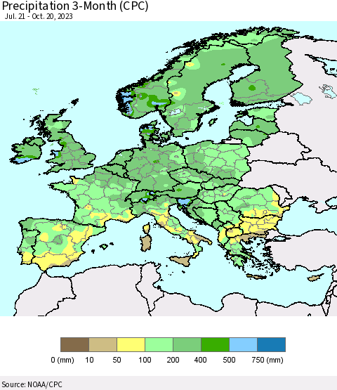 Europe Precipitation 3-Month (CPC) Thematic Map For 7/21/2023 - 10/20/2023