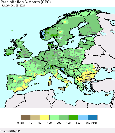 Europe Precipitation 3-Month (CPC) Thematic Map For 7/26/2023 - 10/25/2023