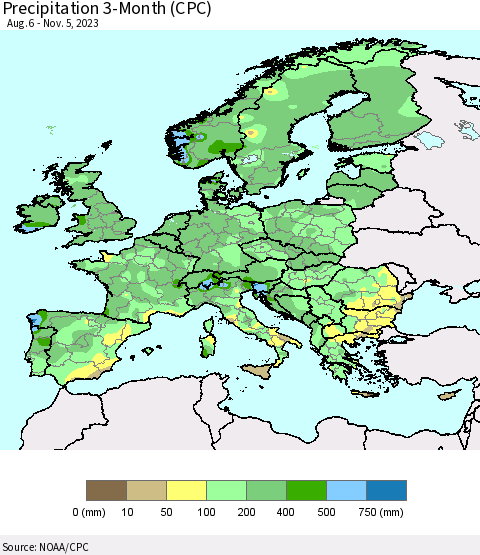 Europe Precipitation 3-Month (CPC) Thematic Map For 8/6/2023 - 11/5/2023