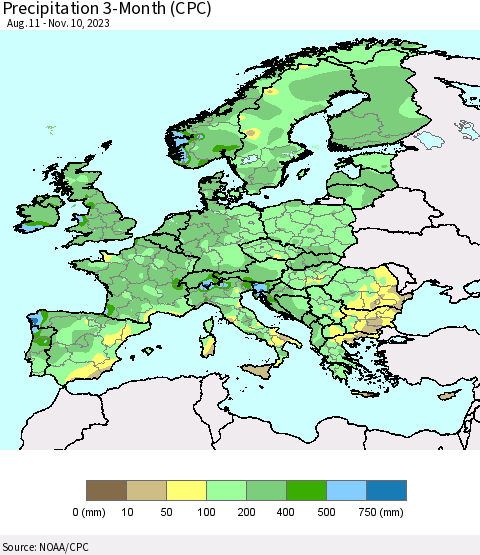 Europe Precipitation 3-Month (CPC) Thematic Map For 8/11/2023 - 11/10/2023