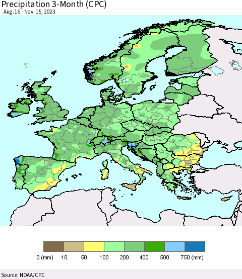 Europe Precipitation 3-Month (CPC) Thematic Map For 8/16/2023 - 11/15/2023