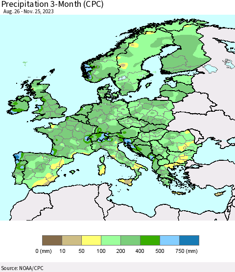 Europe Precipitation 3-Month (CPC) Thematic Map For 8/26/2023 - 11/25/2023