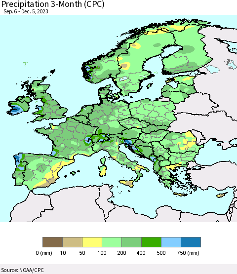 Europe Precipitation 3-Month (CPC) Thematic Map For 9/6/2023 - 12/5/2023