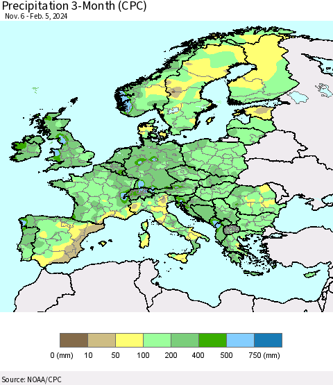 Europe Precipitation 3-Month (CPC) Thematic Map For 11/6/2023 - 2/5/2024