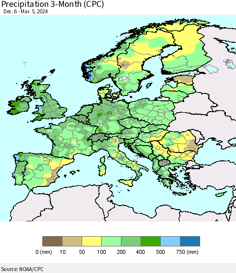 Europe Precipitation 3-Month (CPC) Thematic Map For 12/6/2023 - 3/5/2024