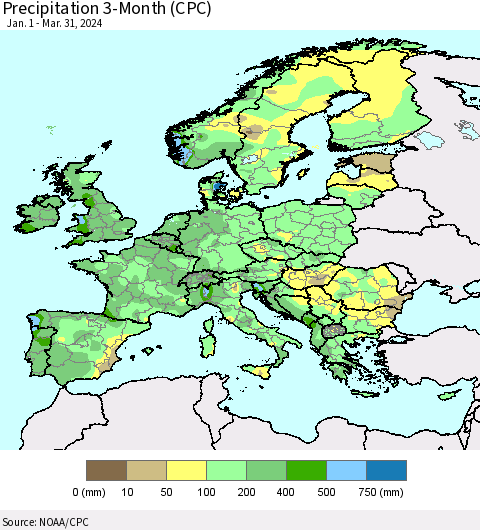Europe Precipitation 3-Month (CPC) Thematic Map For 1/1/2024 - 3/31/2024
