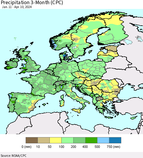 Europe Precipitation 3-Month (CPC) Thematic Map For 1/11/2024 - 4/10/2024