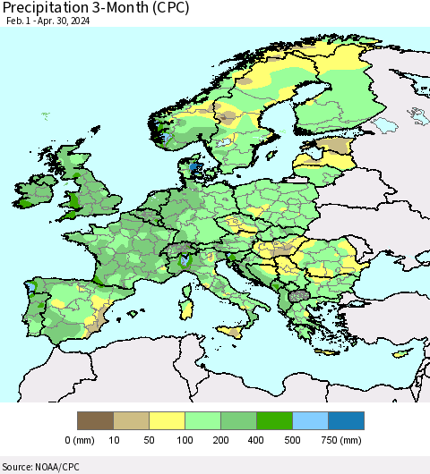 Europe Precipitation 3-Month (CPC) Thematic Map For 2/1/2024 - 4/30/2024