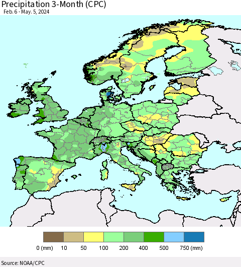 Europe Precipitation 3-Month (CPC) Thematic Map For 2/6/2024 - 5/5/2024