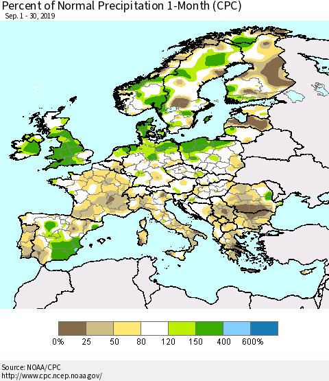 Europe Percent of Normal Precipitation 1-Month (CPC) Thematic Map For 9/1/2019 - 9/30/2019