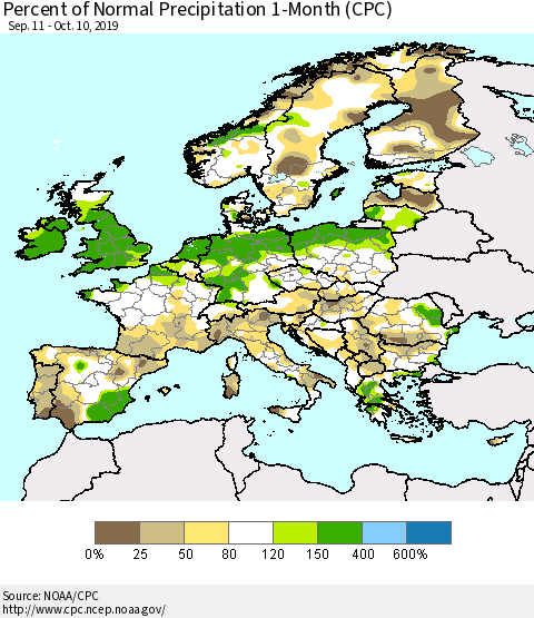 Europe Percent of Normal Precipitation 1-Month (CPC) Thematic Map For 9/11/2019 - 10/10/2019