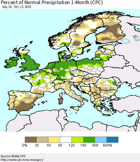 Europe Percent of Normal Precipitation 1-Month (CPC) Thematic Map For 9/16/2019 - 10/15/2019