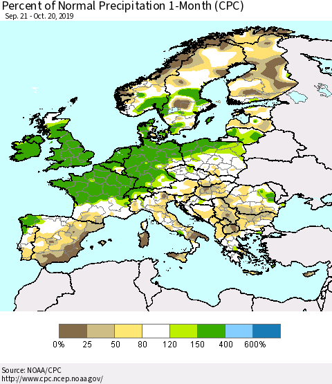 Europe Percent of Normal Precipitation 1-Month (CPC) Thematic Map For 9/21/2019 - 10/20/2019